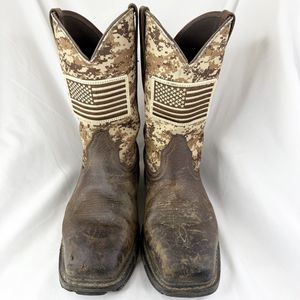 ARIAT Work Boots Men’s 11.5 EE Patriot Brown Camo Steel Toe USA Flag Cowboy